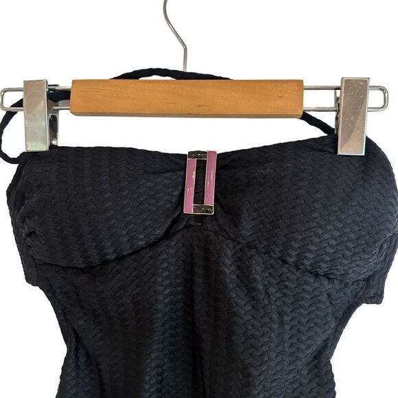 Salinas Black Bandeau Herringbone Texture Brazilian One Piece Swimsuit XS - Picture 2 of 9